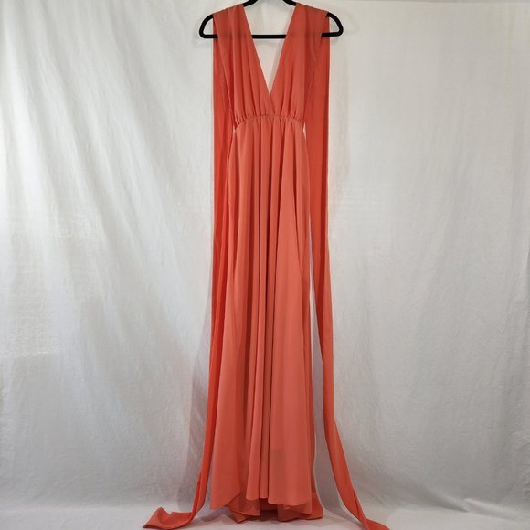 V-Neckline Long Prom Dress by Studio F Size 8 Coral Color 85% Poly. Worn Once! - Picture 2 of 16